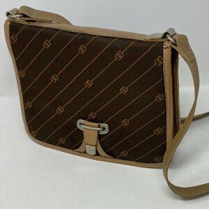 Vintage 1970 Gucci Striped Monogram Brown Logo Canvas and Leather Shoulder Bag